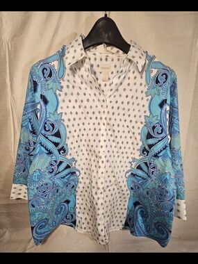 Chico's Women's White Button-Up Shirt with Black Geometric Print Size 2.5